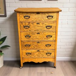 Antique Late Victorian Golden Tiger Oak 5-Drawer Tallboy Dresser
