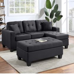 Naomi Black Linen Sectional & Ottoman