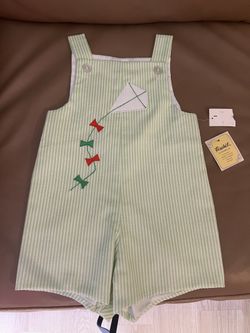 Vintage FISCHEL by Johnston Incorporated 40 romper green stripe with kite Vintage FISCHEL by Johnston Incorporated 4T romper green stripe with kite