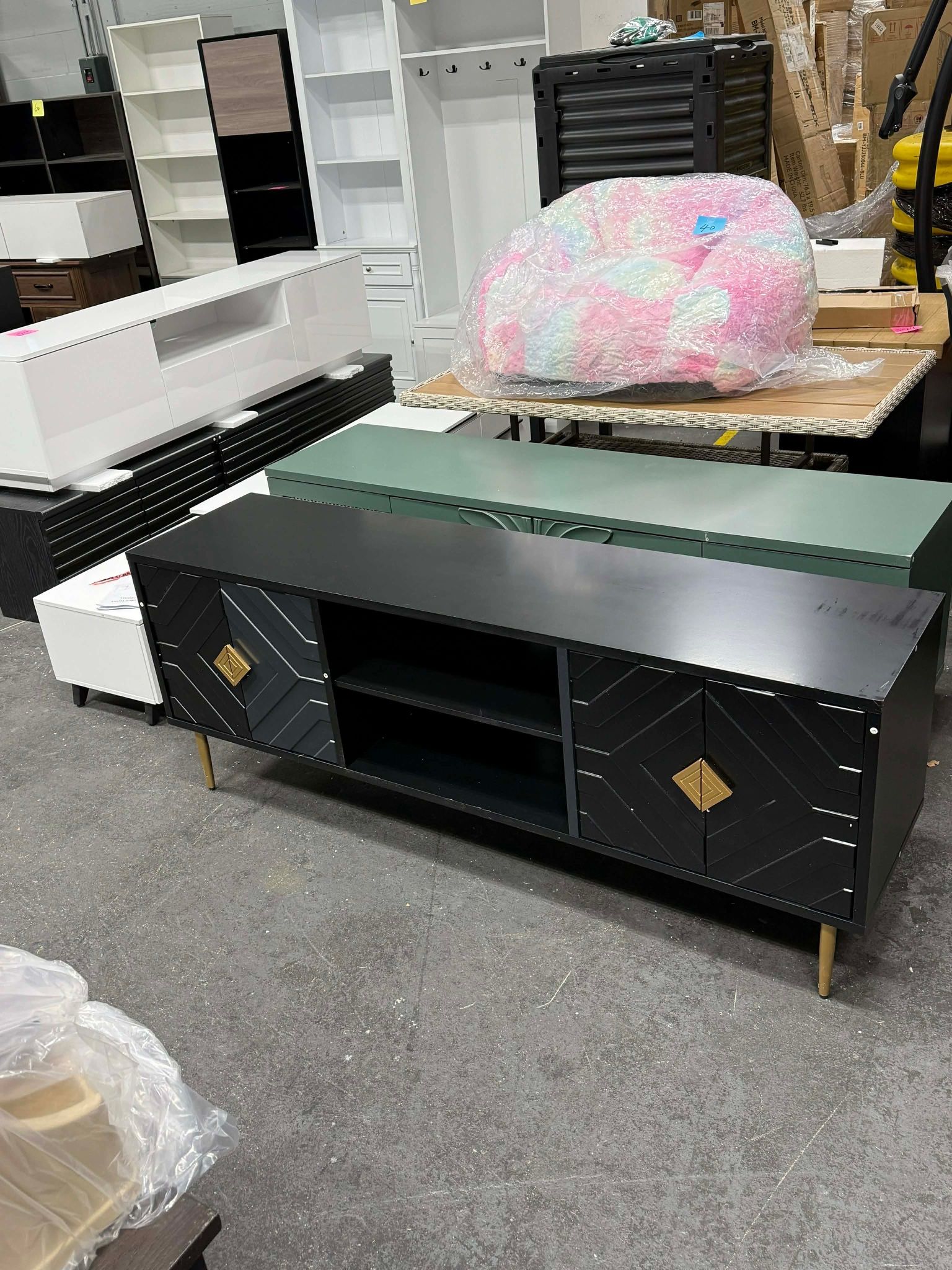 HLR 63''Modern Black TV Stand for 65/70/75 inch TV, Entertainment Center with Storage Cabinet, Mid CenturyTV Console,Embossed Pattern TV Stand, TV Med