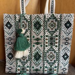 AMERICA & BEYOND Beaded Tote Bag Purse Jacquard Crossbody Strap Green Boho