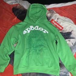 Sp5der slime green web hoodie puff print logo - size large - brand new