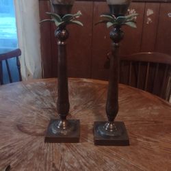 Pair Of Bronze Metal PALM TREE Tropical Taper Pillar Candle Holders 19" Tall, 23" With Glass Shades
