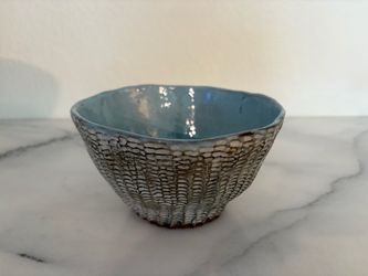 Handbuilt Pottery Bowl Blue Textured Exterior