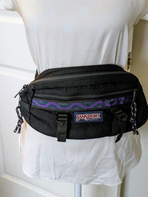 VTG Jansport Hiking Fanny Pack Waist Bag Purple Aztec Black USA Made Zip Belt

