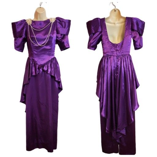80s Prom Dress Adult Halloween Costume Retro Long Satin Outfit Purple Small
Style up your 1980s costume with big shoulder flounce peplum maxi dress.