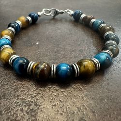 Blue and Brown Beaded Tigers Eye Bracelet