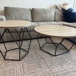 Ashley Furniture Waylowe Contemporary Light Brown/Black Round Coffee Table + End Table Set