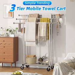 (9000X) Simple Trending 48" H Free Standing Towel Rack with Storage Shelf for Bathroom, Metal Extendable Blanket Rack Holder, 46.5" L x 16.25" W x 48"