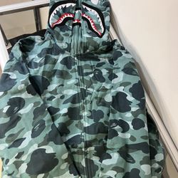 Bape Green Camo Shark Full Zip Double Hoodie