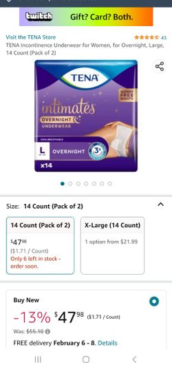 Tena Intimates Overnight Underwear Large (39"-52") 14 Pack. Brand New. I Have 4 Packs.