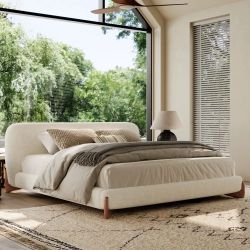 Povison Beige Boucle Minimalist King Sized Platform Bed w/ Padded Headboard & Wood Accents [NEW]  **Retails for $1580 <Assembly Req>