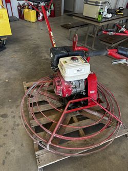 4ft Allen Pro 446 Walk-Behind Trowel comes with pan, trowel blades, and float blades.