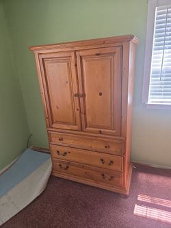Pine Wood Armoire with Drawers