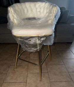 White Tufted Vanity Stool with Gold Legs