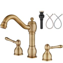 Aolemi Antique Brass 8 Inch Widespread Bathroom Sink Faucet Double Lever Handle 3 Hole Deck Mount Vanity Basin Mixer Tap with Pop Up Drain Assembly
