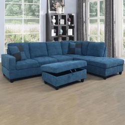 New Blue Flannel Sectional Sofa W/ Ottoman And Pillows  Brand New In Boxes