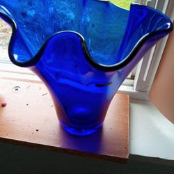 Cobalt Blue Wavy Rim Vase Stamped Hand Made From Portugal