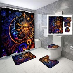 Sun Moon Bathroom Rug Set Shower Curtain Skidproof Toilet Lid Cover Bath Mat