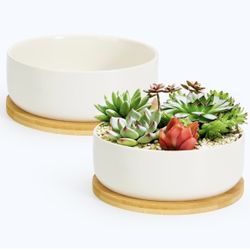 Set Of 2 Plant Pot 6 Inch, Ceramic Succulent Pots with Drainage Hole & Bamboo Tray, Pack of 2 Higher White Round Flower Pots for Home, Office, Indoor 