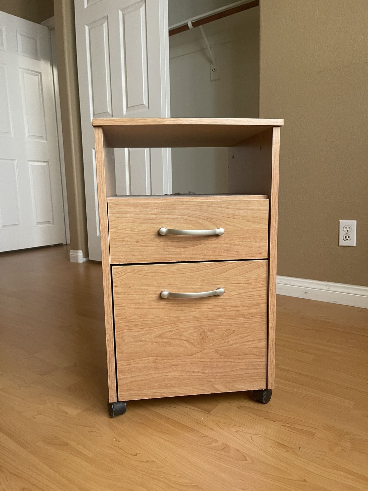 Rolling 2-Drawer File Cabinet / Nightstand – Light Oak Finish