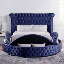 Brand New Glam Blue Velvet Storage Queen Size Bed Frame