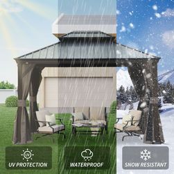 10' X 12' Hardtop Gazebo, Upgraded
Metal Gazebo with Drainage System
Dual-Layer Galvanized Steel Roof
Curtain and Netting, Outdoor Shelter
Canopy fo
