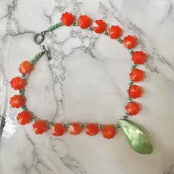 Orange Flower Abalone Pendant Vintage  Necklace 