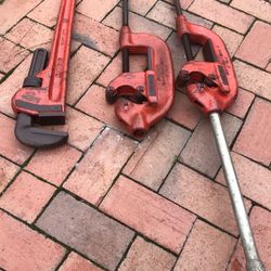 Large Ridged Pipe Tools For Sale. 36” Pipe Wrench. Two 2”-4” Pipe Cutters.