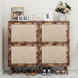 Shoe Cabinet with Flip Drawers - Rattan Shoe Cabinet Storage for Entryway, Rustic Narrow Hidden Shoe Rack with 4 Drawer, Boho Shoe Organizer Cabinet f