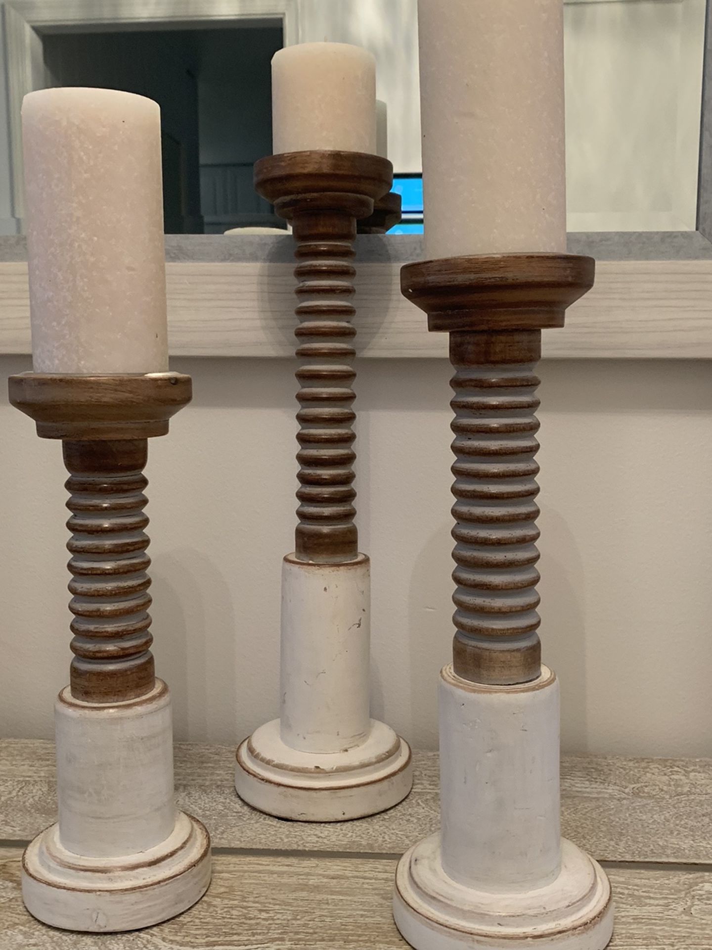 Set Of 3 Hand Carved Wooden Candleholders