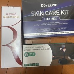 Men skincare set，wireless speaker with clock，wine opener