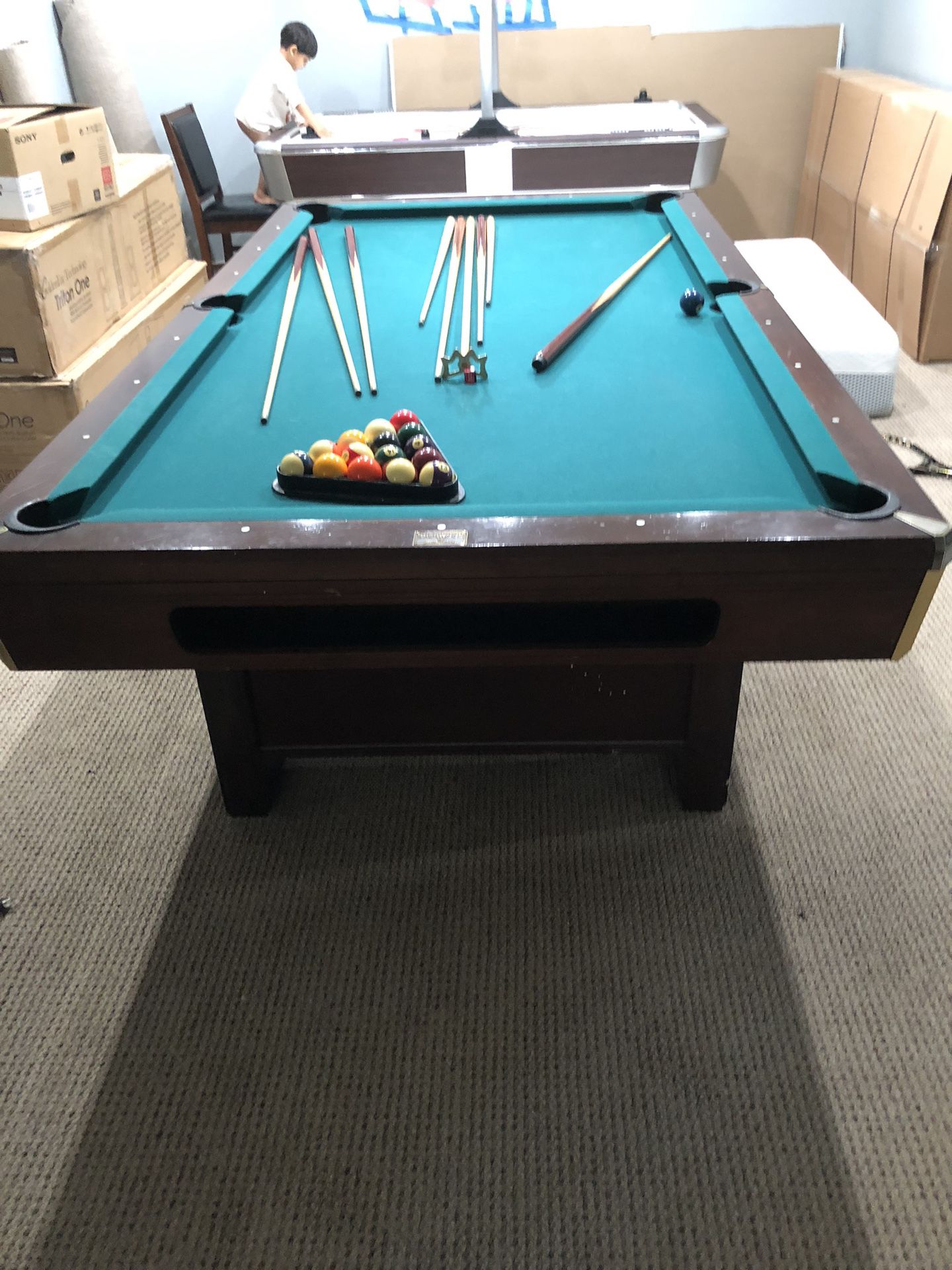 Pool table marble with ball , stick and table tennis