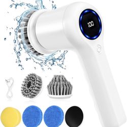 Electric Spin Scrubber,GRUTTI Power Scrubber Cordless Electric Shower Scrubber with Digital Display and 5 Replaceable Heads, 2 Adjustable Speeds