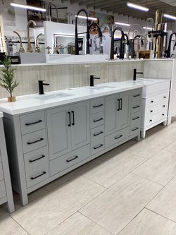 84” bathroom vanity cabinet new solid wood fully assembled Softclose drawers doors Quartz top 2 sinks ready for pick up today
