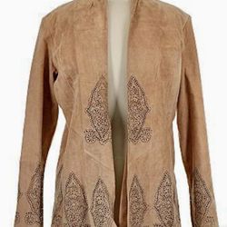 New Vintage ( Never Used ) Margaret Godfrey suede leather jacket in a tan color with laser-cut patterns. 