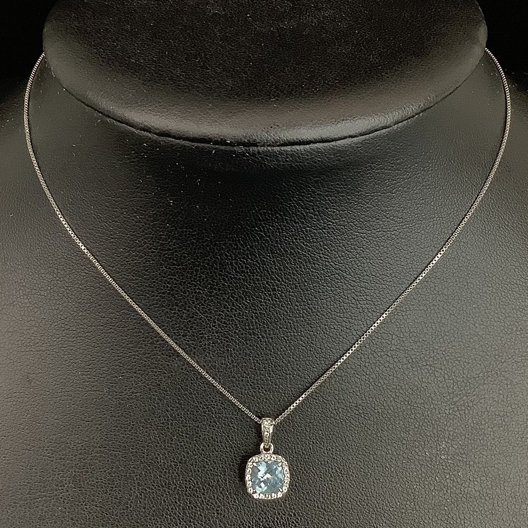 Sterling Silver Cubic Zirconia Halo Blue Topaz Necklace 18”