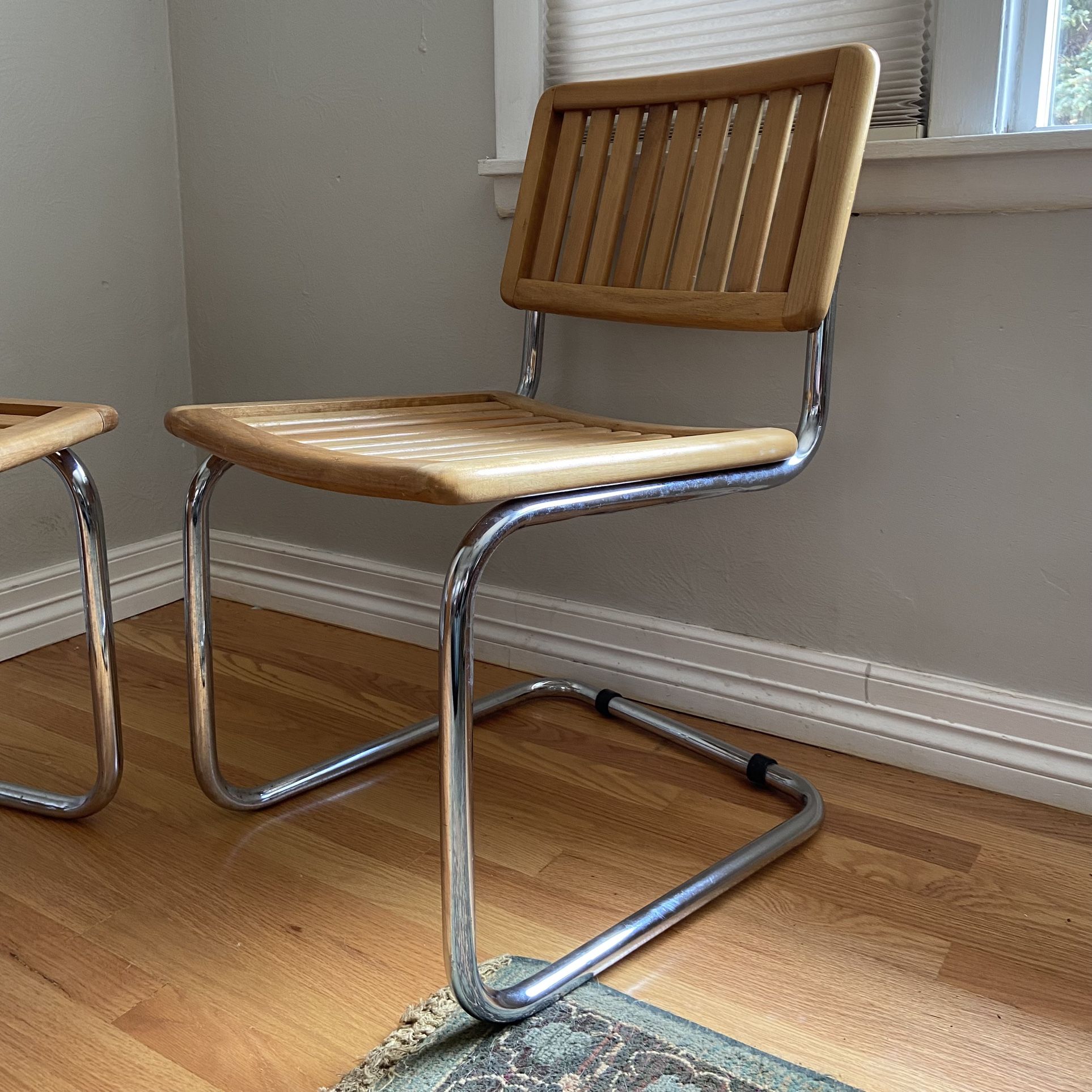 Pair Of vintage Wood slat Chairs With Metal Base