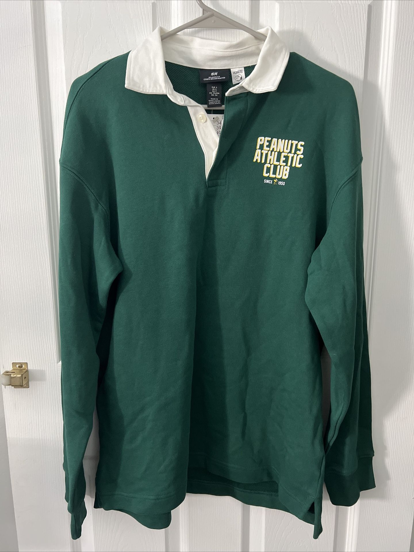 H&M Peanuts Men's Size Small Green Athletic Club Relaxed Fit Printed Polo Shirt
