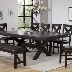 SOLID HEAVY TABLE CHAIRS AND BENCH! MIDDLE LEAF! DELIVERY TODAY. 