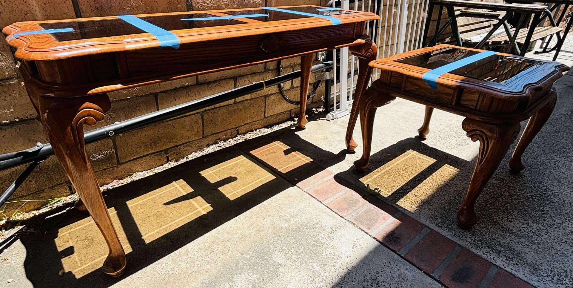 Vintage Wood Entryway/sofa Table And End Table With Glass Tops