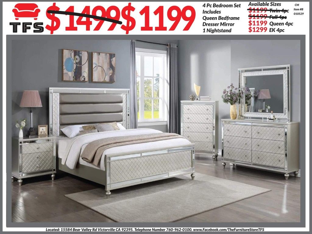 4pc Bedroom Set $1199 Queen $1299 Eastern King Includes bedframe Dresser  mirror nightstand Silver Mirrored Bedroom