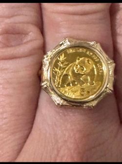 24k solid gold 1990 1/20th Chinese yuan coin ring with 14k surrounding coin