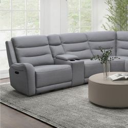 Grey Reclining Sectional Sofa w/ Storage Console & Cup Holders