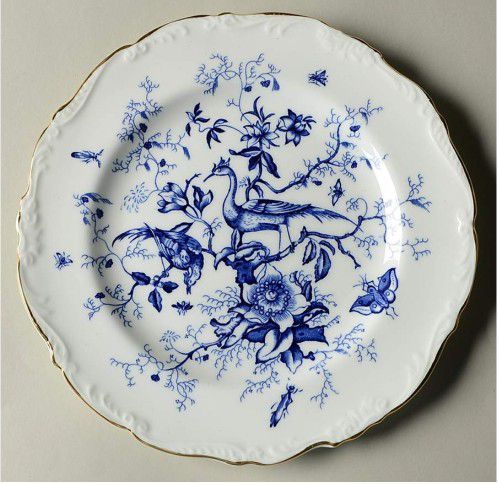 Antique Coalport Cairo Blue Birds Flowers N Bugs Bone China Luncheon, Salad or Dessert Plate. Made In England. Scalloped Edge W 22K Gold Trim. 8.25 In