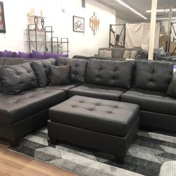 New Brown Faux Leather Sectional And Ottoman Sofa Couch 