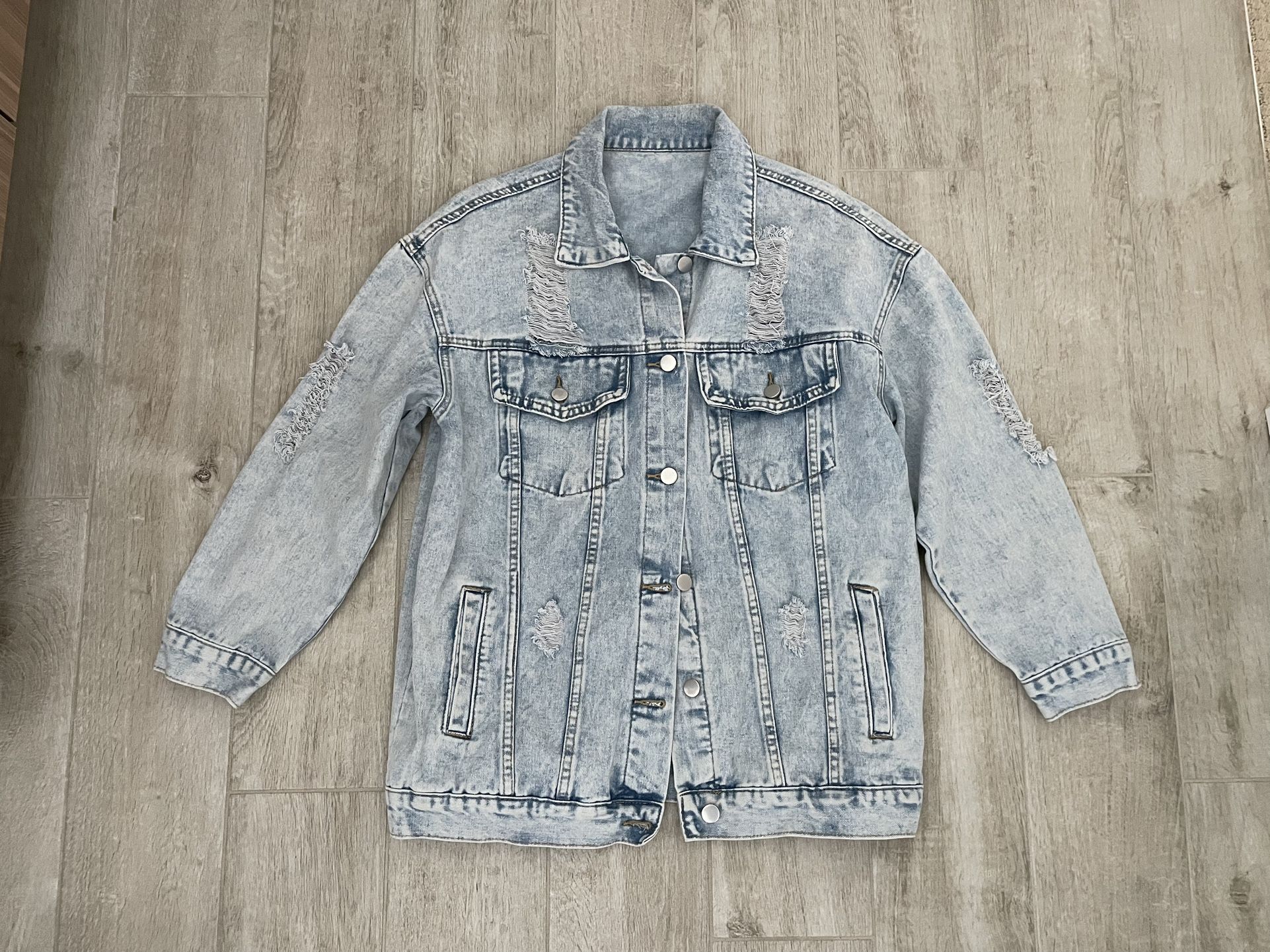 Shein Denim Jacket Blue Medium Womens Distressed Frayed Cotton Blend Pockets, S
