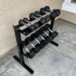 210 Pound Hex Rubber Dumbbell Set + Rack—$260 PRICE IS FIRM