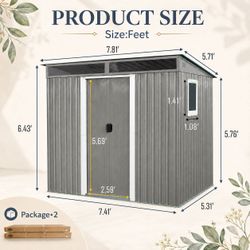 8 ft x 6 ft Outdoor Metal Storage Shed with Window,Transparent plate and lockable sliding door for Garden, Lawn (Gray) (W540P185320)