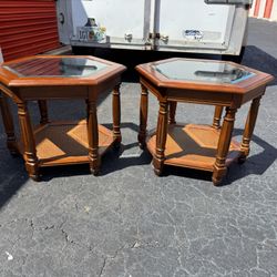 2- Vintage Mersman Oak Hexagon Glass Top Stained End Tables
